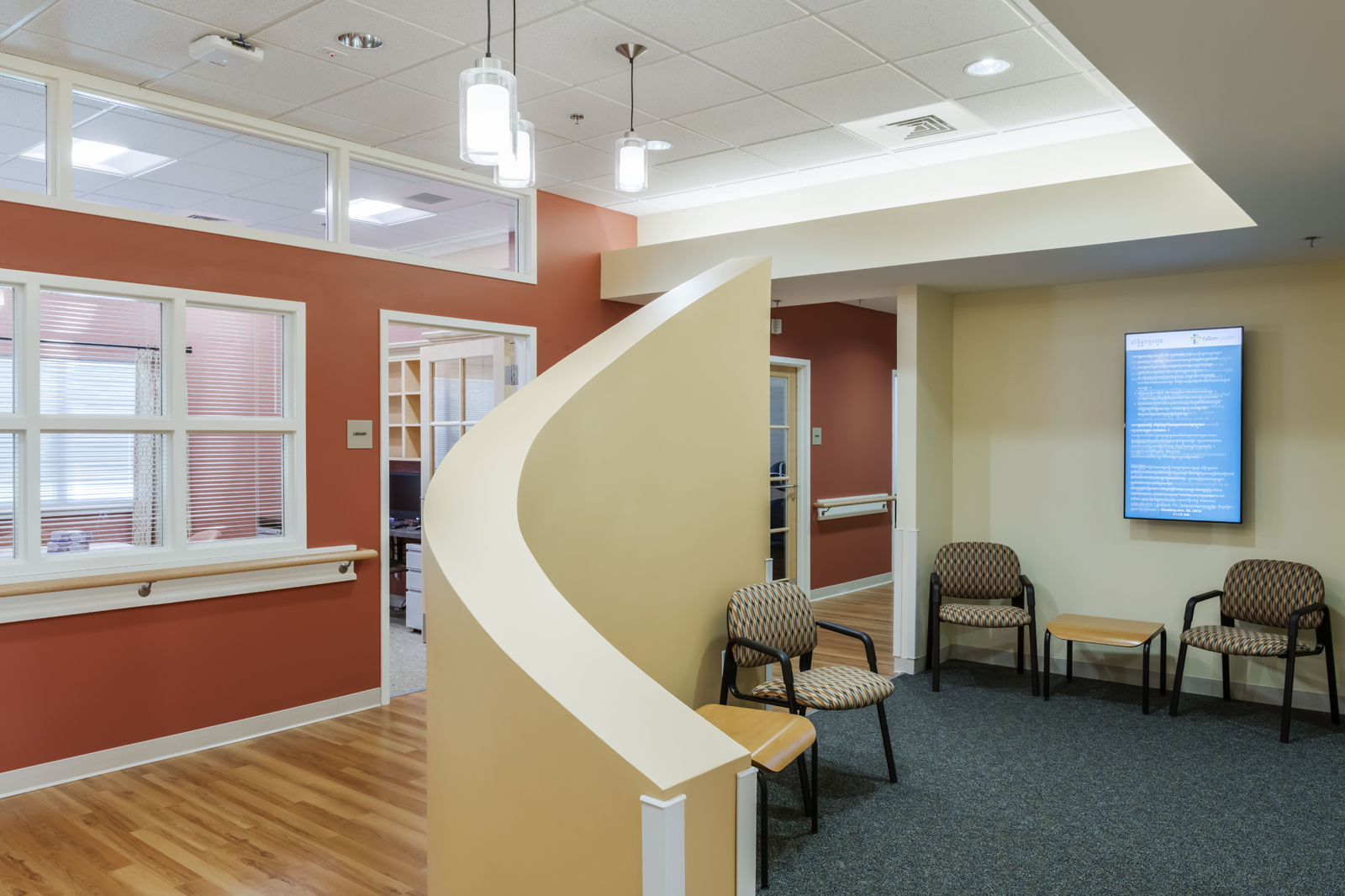 Interior designers at WDC created this warm and bright reception area in an adult day care center
