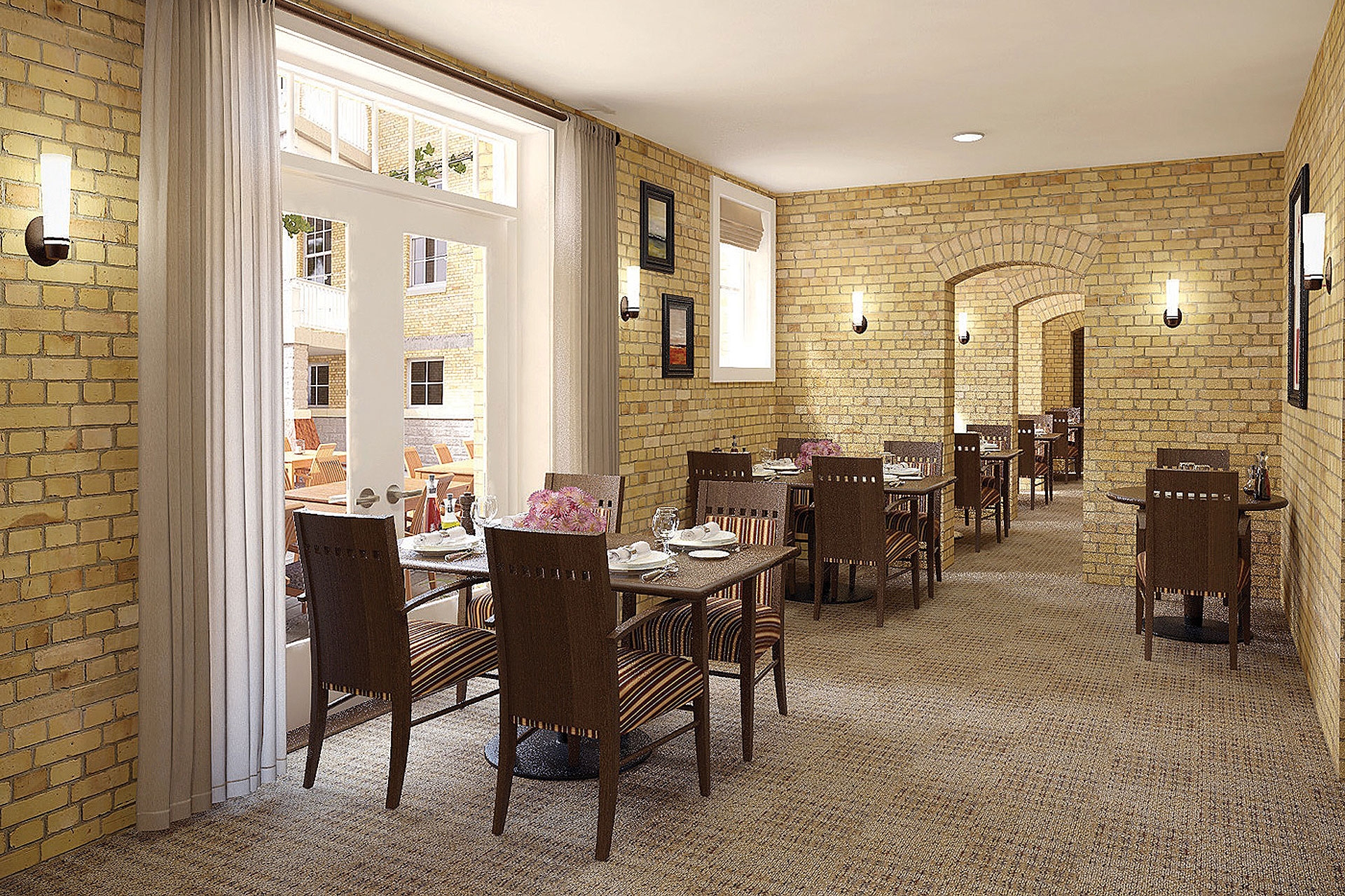 For the seniors living in this assisted living  community, we've designed dining pockets next to the windows around the courtyard