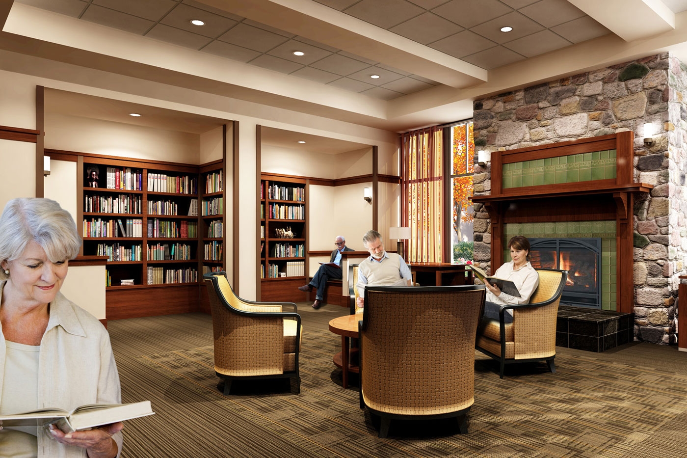 WDC designers created this spacious library in an independent living/assisted living community